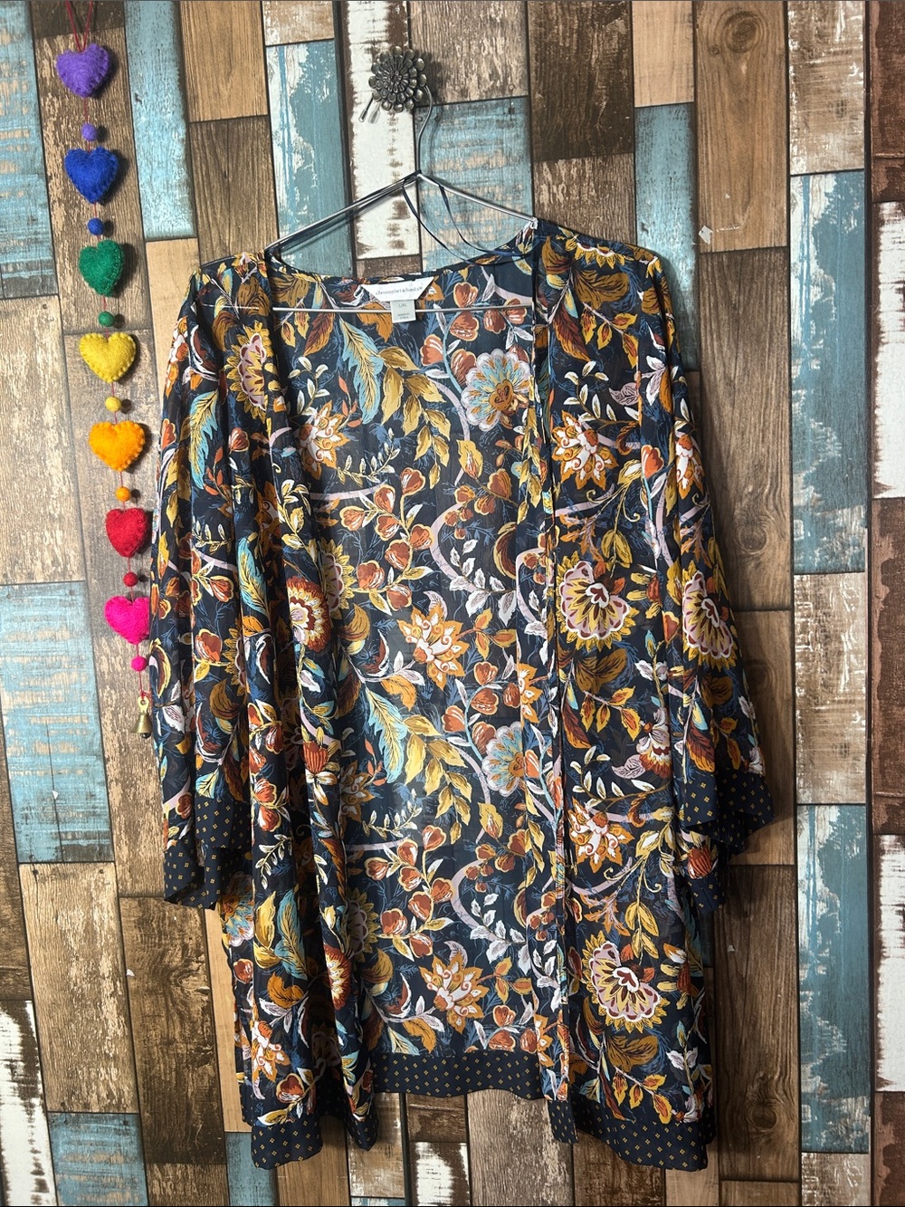 Christopher & Banks Navy Floral Open-Front Kimono with Mustard & Rust Accents - Picture 1 of 14